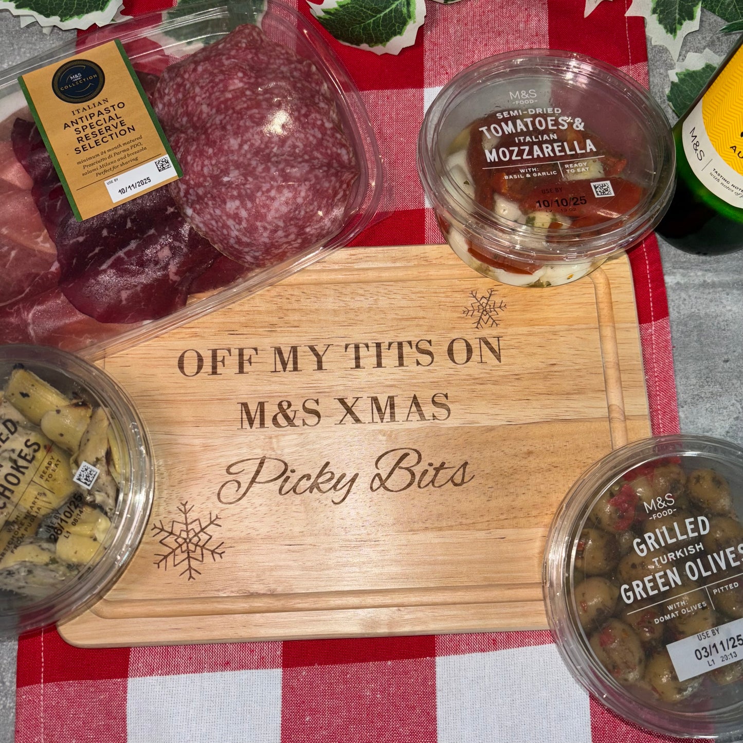 NEW XMAS Off my tits on M&S XMAS picky bits engraved chopping / cheese board. Viral slogan