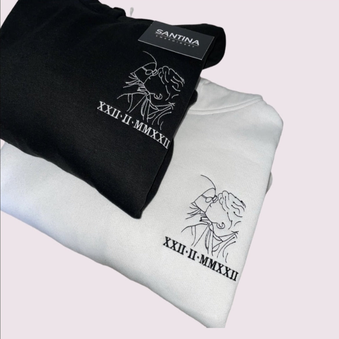 Personalized sweatshirt with an intricately embroidered portrait outline of a special memory