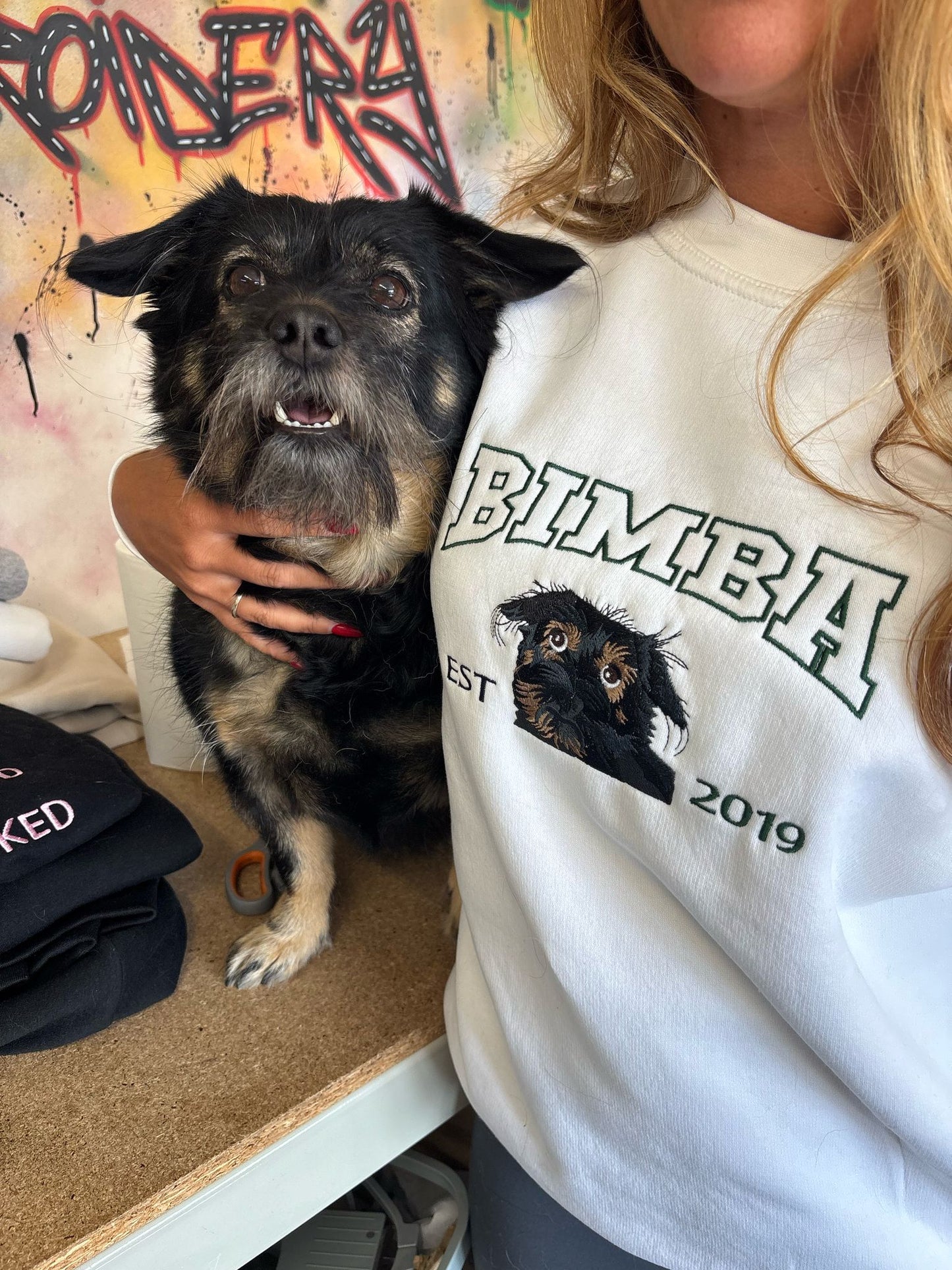 Varsity style pet portrait T-shirt sweater or hoodie with pets name / date