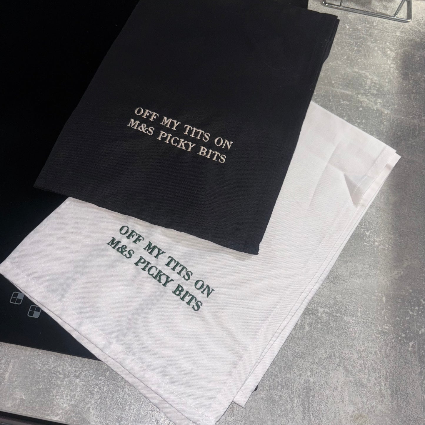 Kitchen / tea towel. Viral off my tits on M&S picky bits embroidered slogan.
