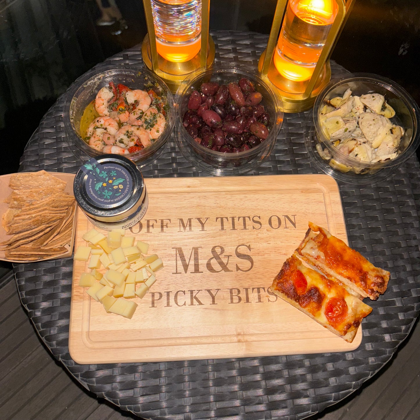 Off my tits on M&S picky bits engraved chopping / cheese board. Viral slogan