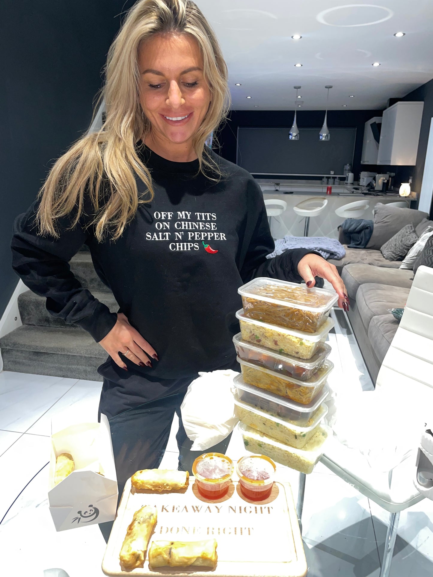 Off my t*ts on Chinese salt n pepper chips, embroidered Chinese take away sweatshirt/hoodie