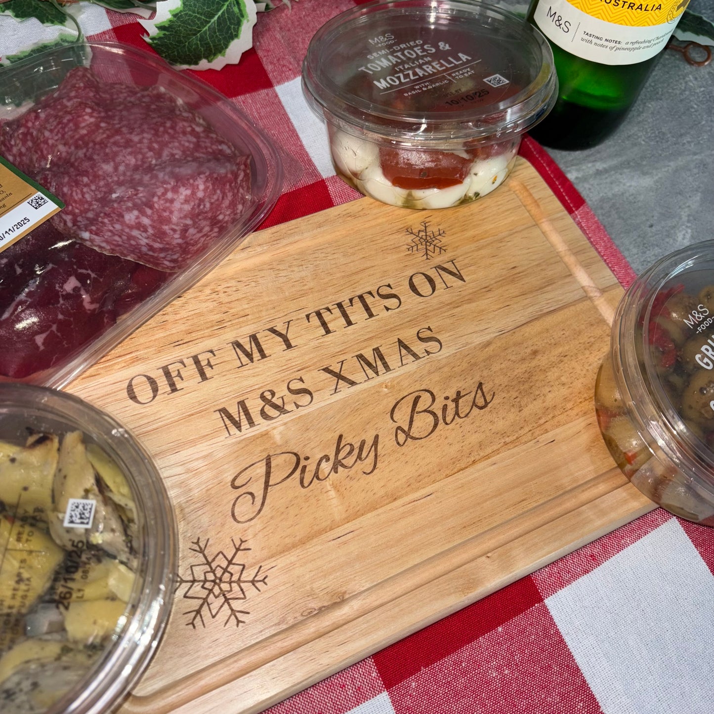 NEW XMAS Off my tits on M&S XMAS picky bits engraved chopping / cheese board. Viral slogan