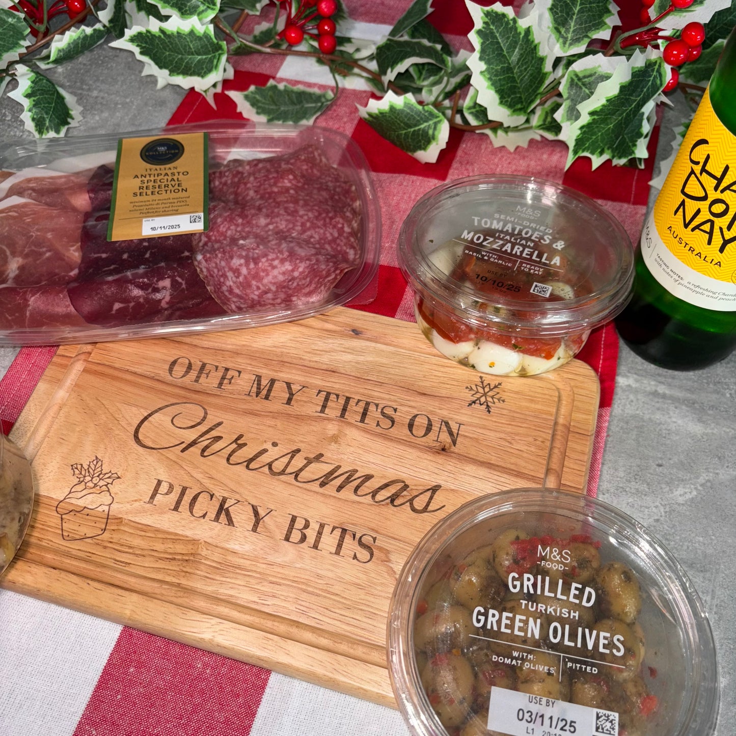 Off my tits on Christmas picky bits engraved chopping / cheese board 🍮 ❄️