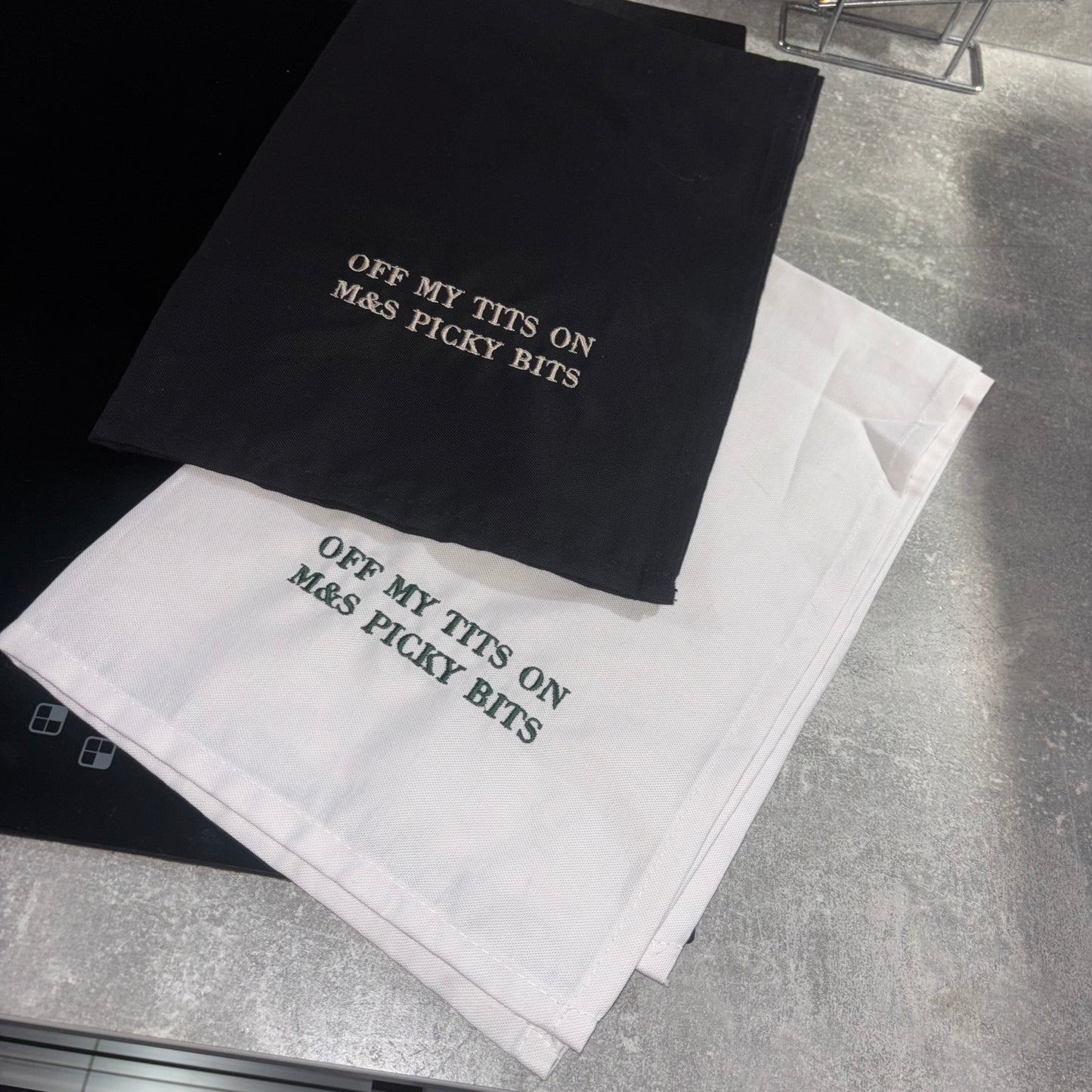 Kitchen / tea towel. Viral off my tits on M&S picky bits embroidered slogan.