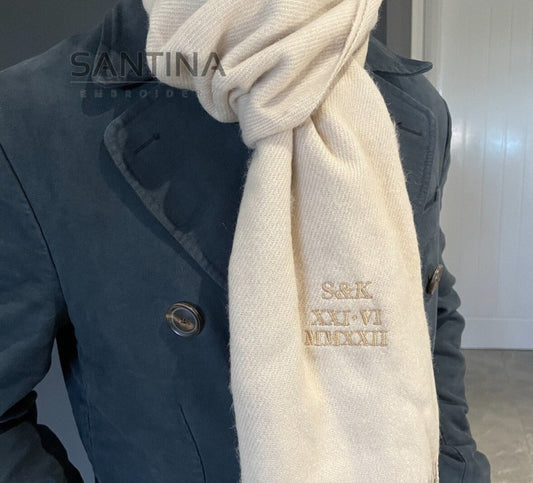 Embroidered scarves with roman numeral anniversary date and initials. couples soulmate scarf gift idea.