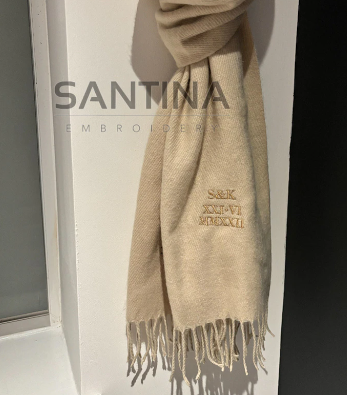 Embroidered scarves with roman numeral anniversary date and initials. couples soulmate scarf gift idea.