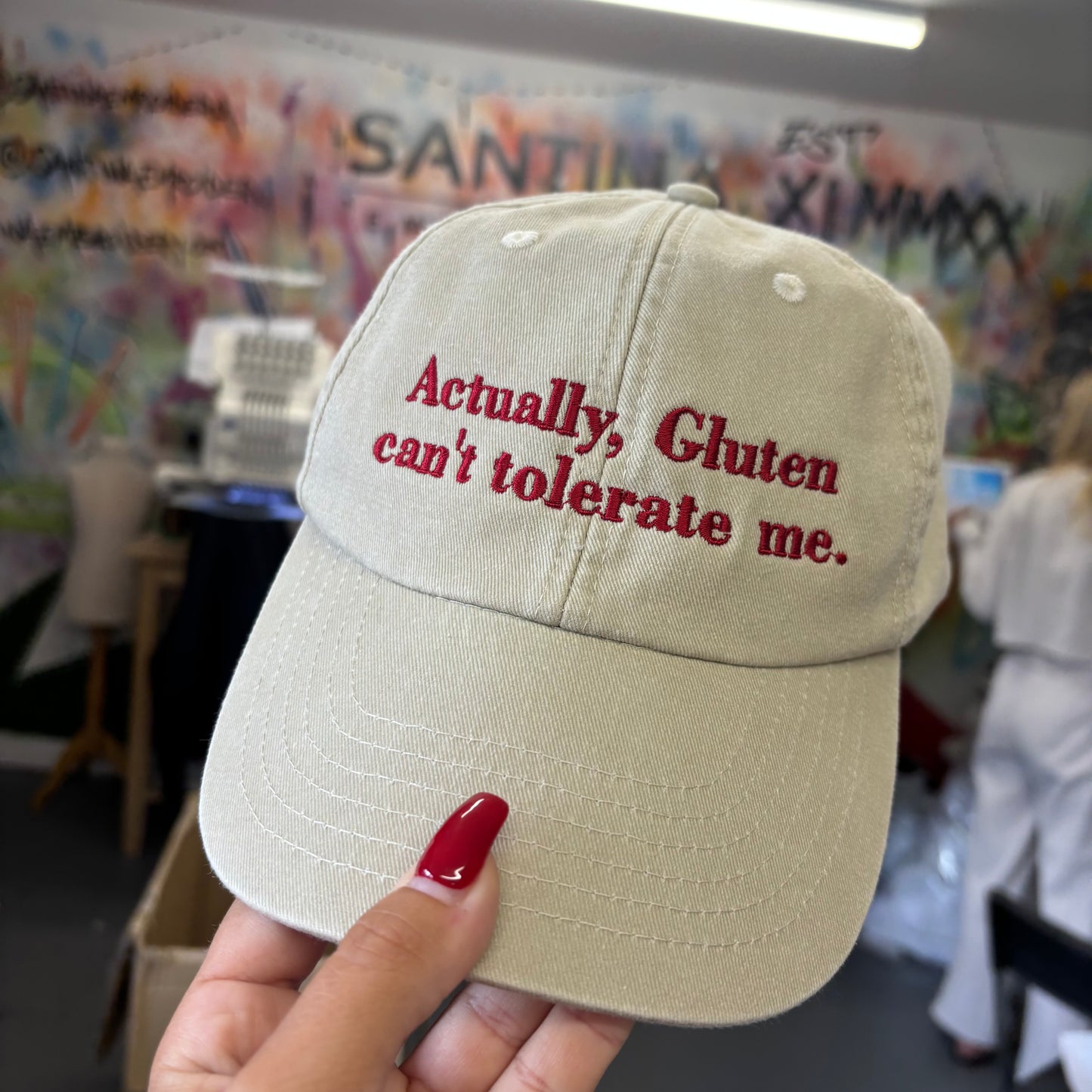 Actually, gluten can’t tolerate me embroidered cap