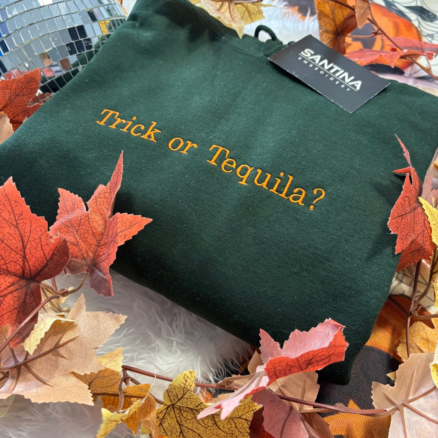 Trick or tequila fun embroidered tee shirt, sweater or hoodie
