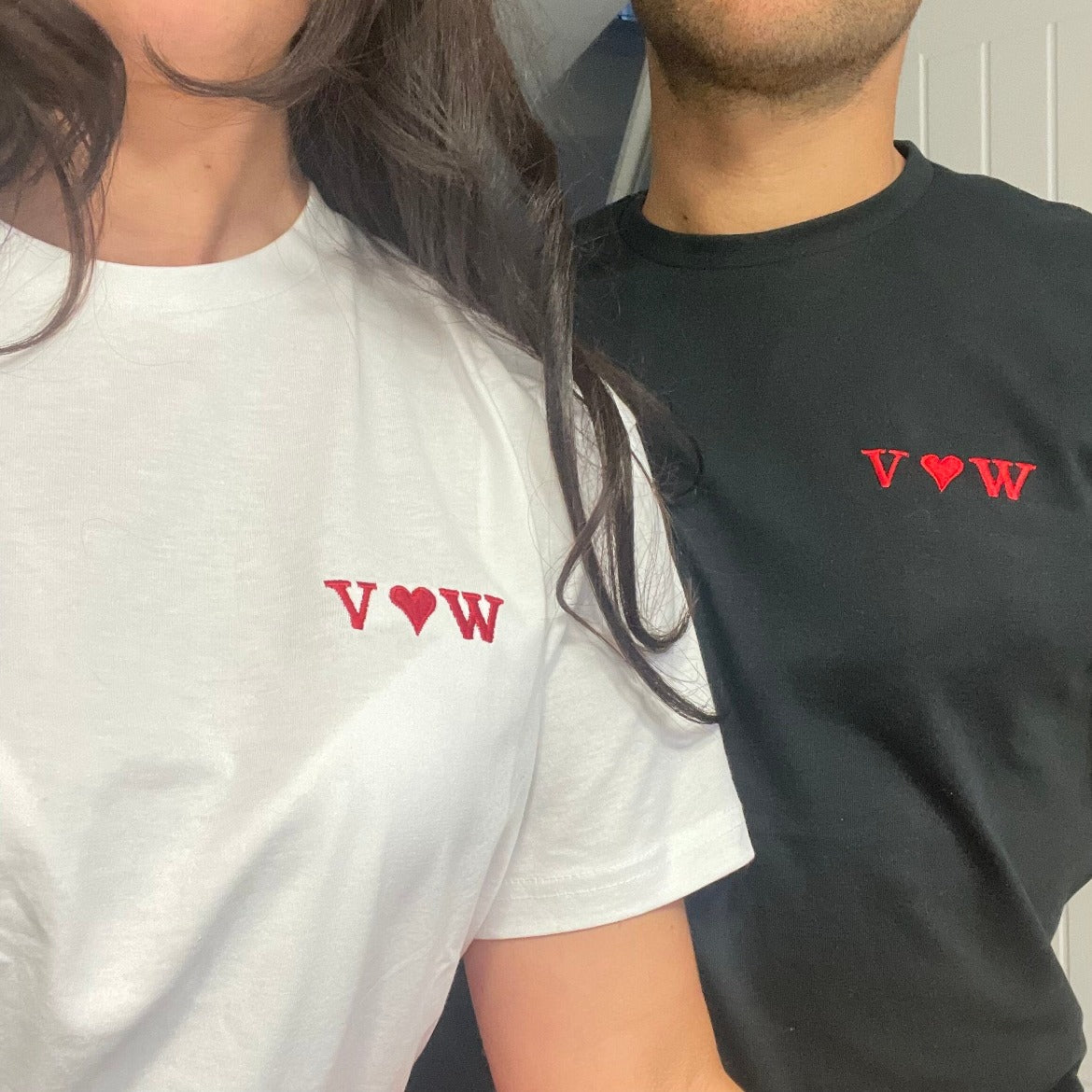 Personalized His and Hers T-Shirts - Embroidered Initials and Love Heart