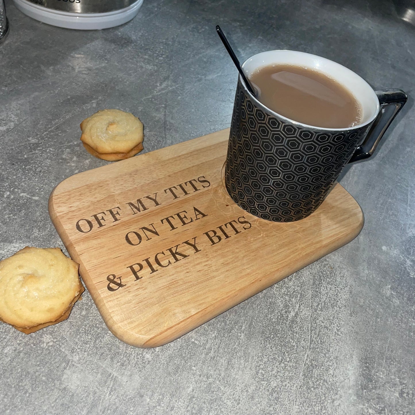 Off my tits on tea & picky bits wooden serving board ☕️