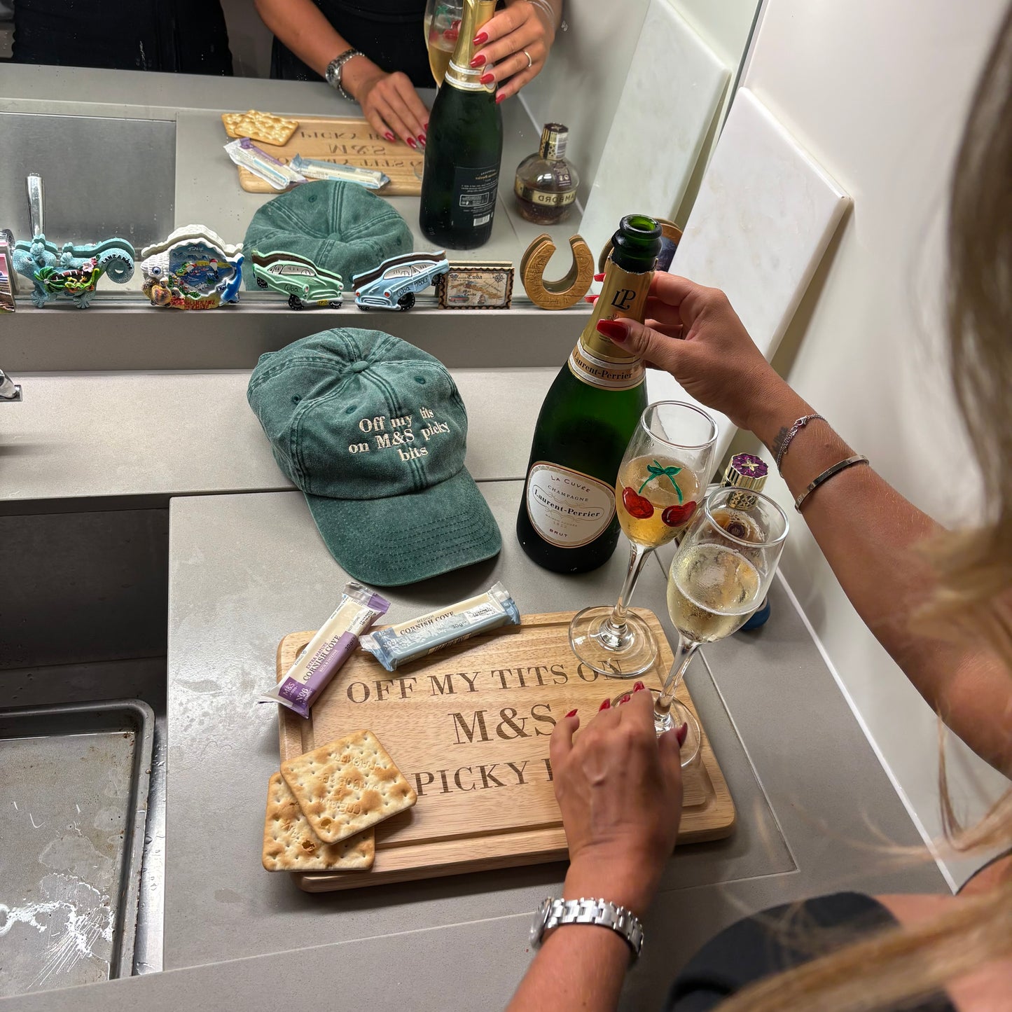 Off my tits on M&S picky bits engraved chopping / cheese board. Viral slogan