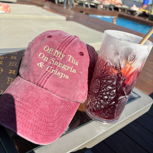 Off my tits on SANGRIA &  CRISPS custom embroidered slogan cap