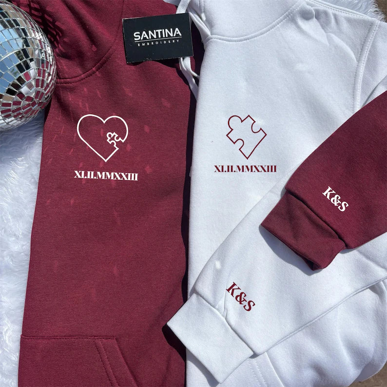 Personalised puzzle pieces embroidered hoodies for couples / friends