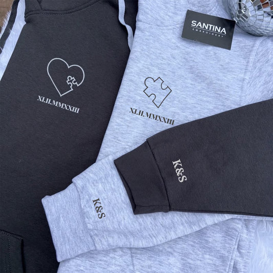 Personalised puzzle pieces embroidered hoodies for couples / friends