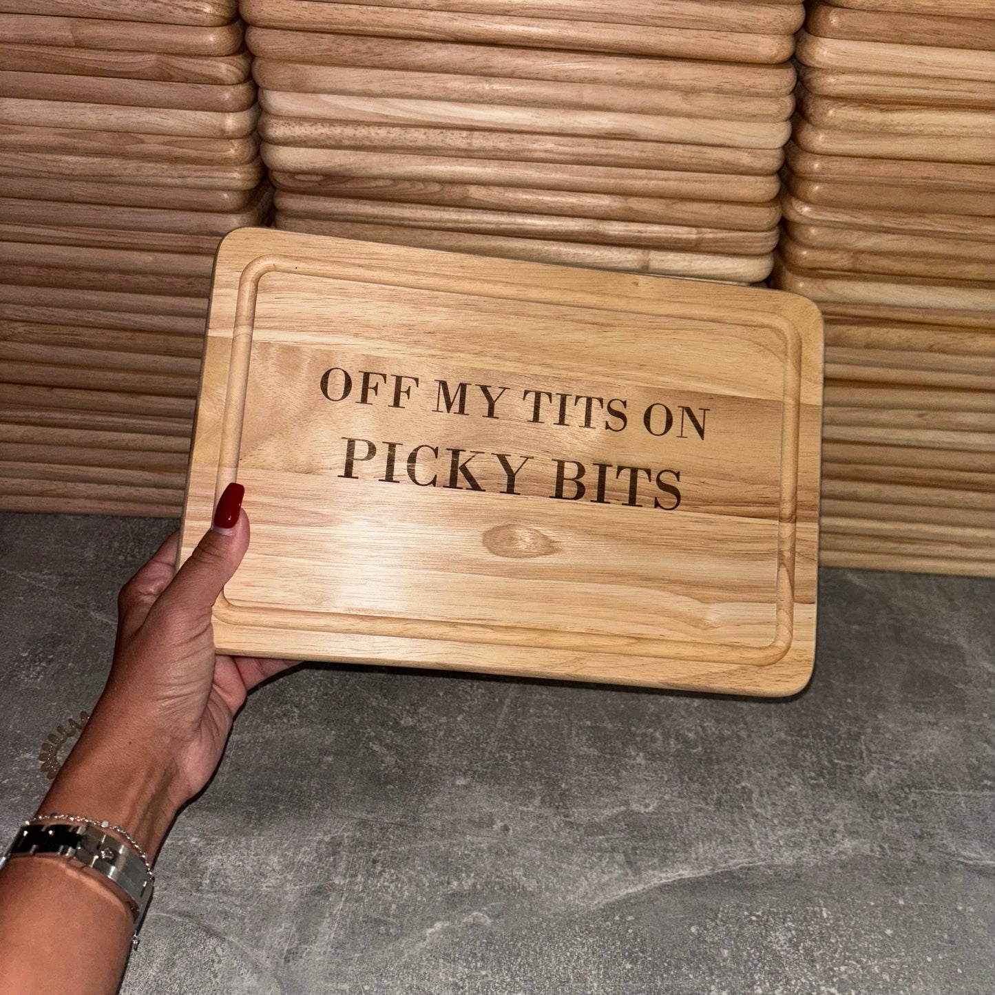 Off my tits on picky bits engraved chopping / cheeseboard