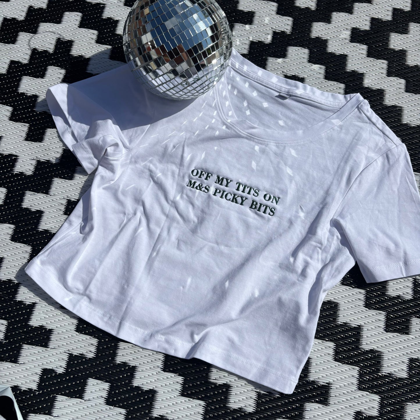 Off my tits on M&S picky bits embroidered baby tee OR unisex tee