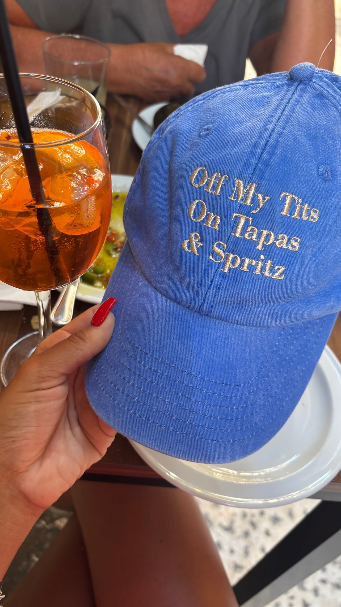 Off my tits on TAPAs &  SPRITZ custom embroidered slogan cap