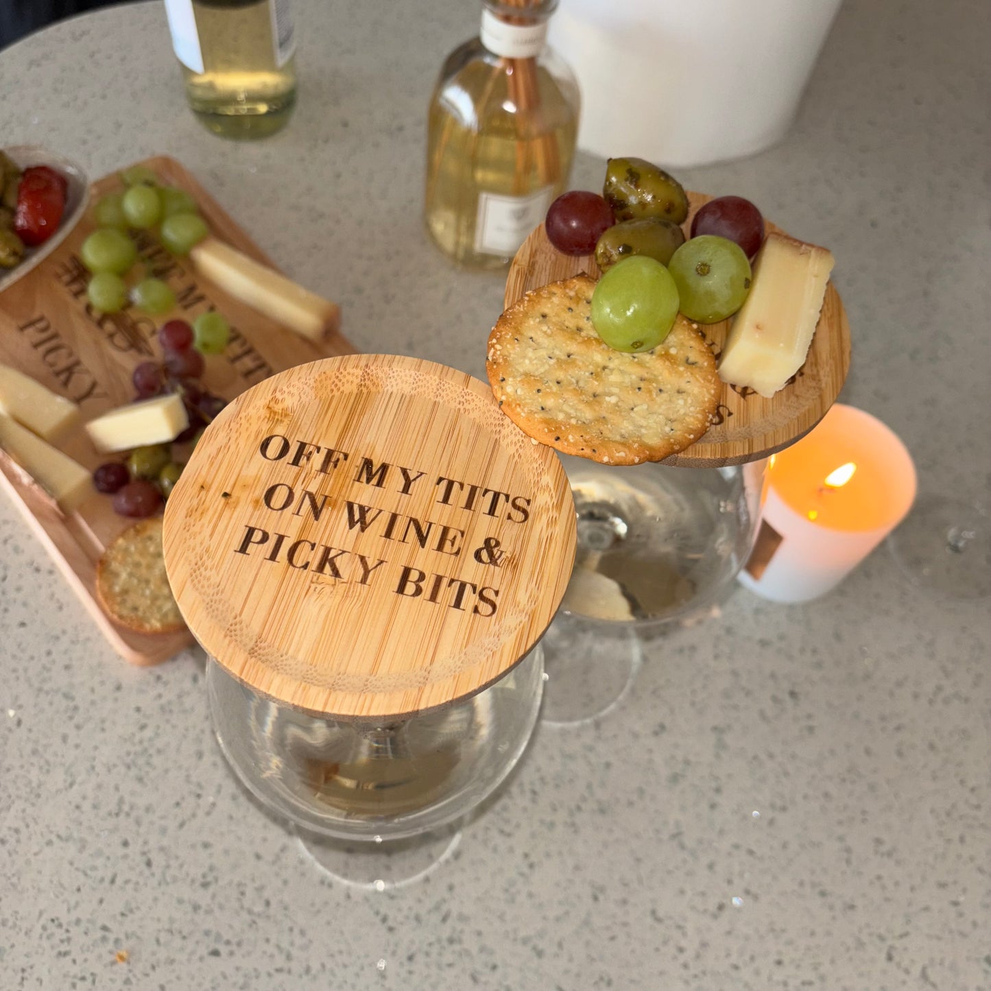 Engraved charcuterie wine glass toppers. Picky bits boards for wine / cocktail glass 🍷