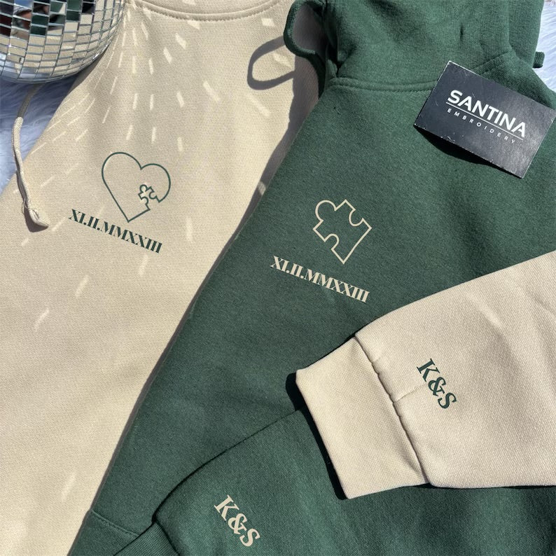 Personalised puzzle pieces embroidered hoodies for couples / friends