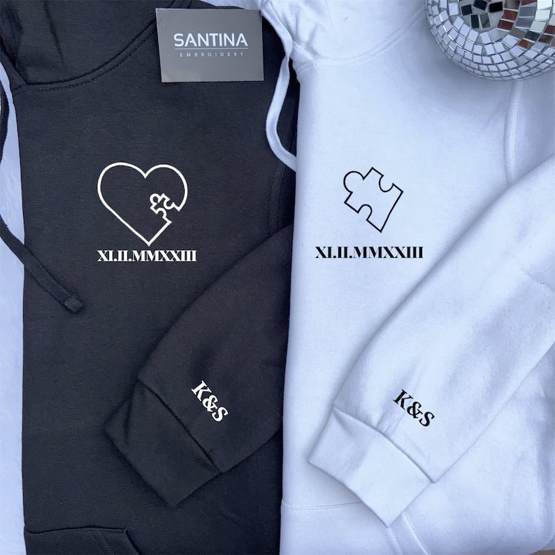 Personalised puzzle pieces embroidered hoodies for couples / friends