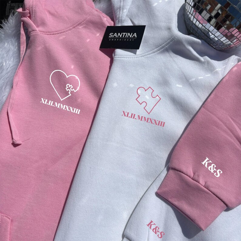 Personalised puzzle pieces embroidered hoodies for couples / friends