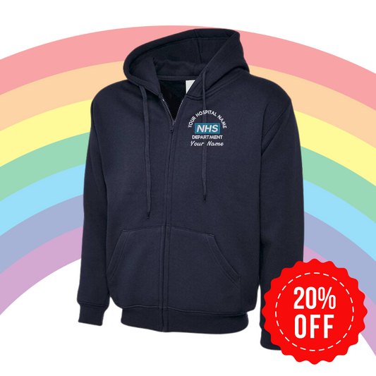 Personalised NHS UNISEX Zip Up UNISEX hoodie, customised with your name, hospital name and department