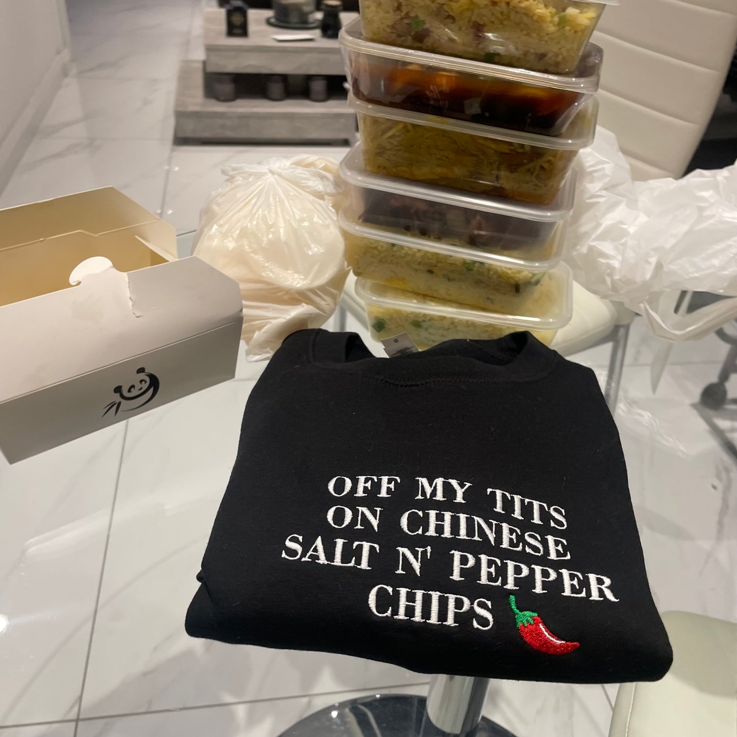 Off my t*ts on Chinese salt n pepper chips, embroidered Chinese take away sweatshirt/hoodie