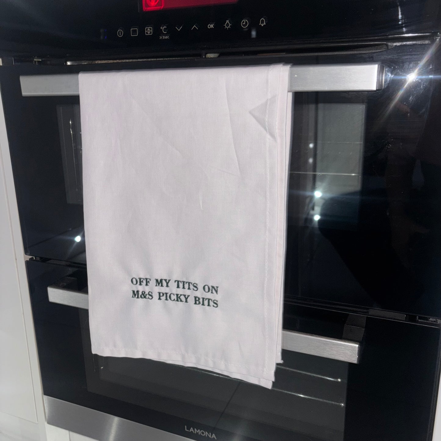 Kitchen / tea towel. Viral off my tits on M&S picky bits embroidered slogan.