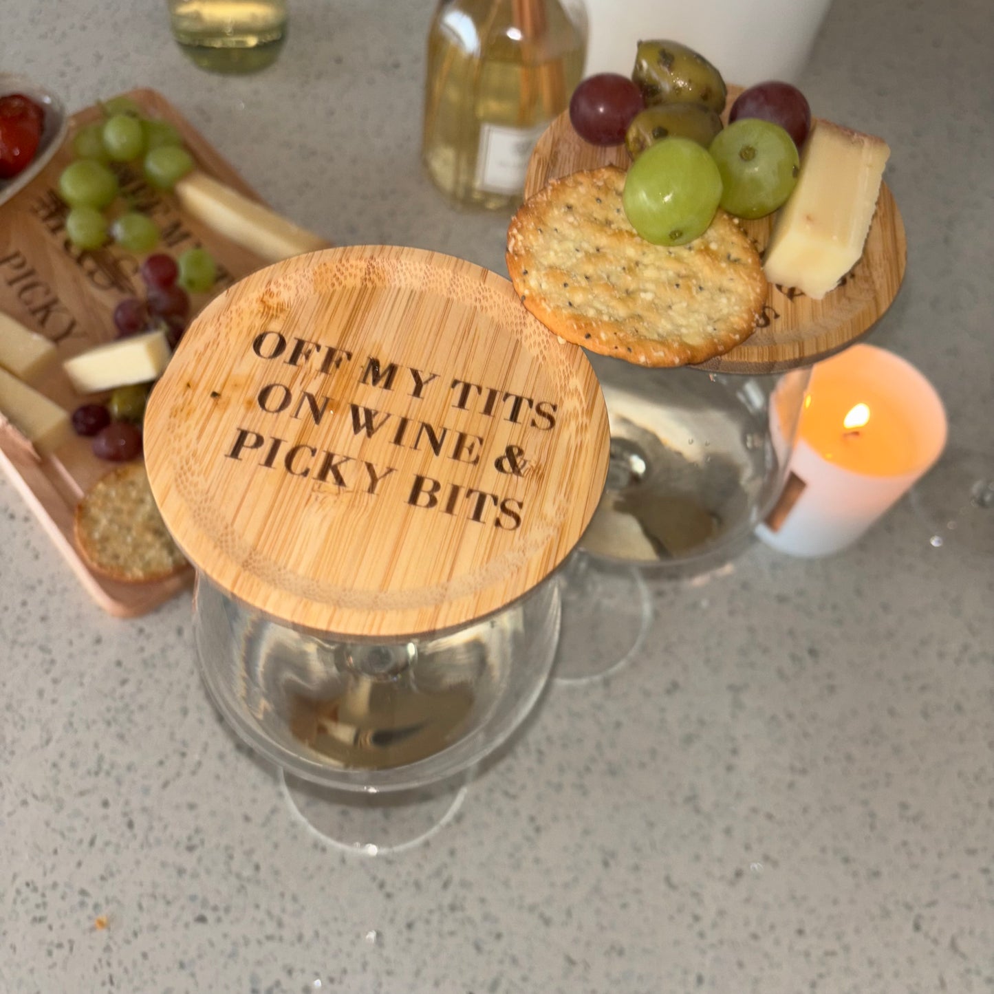 Engraved charcuterie wine glass toppers. Picky bits boards for wine / cocktail glass 🍷