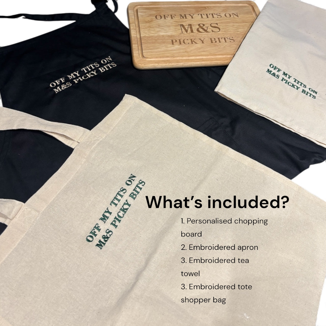 Personalised Kitchen Gift Hamper - Engraved Board + Embroidered Apron, Tea Towel & Tote Bag 💕