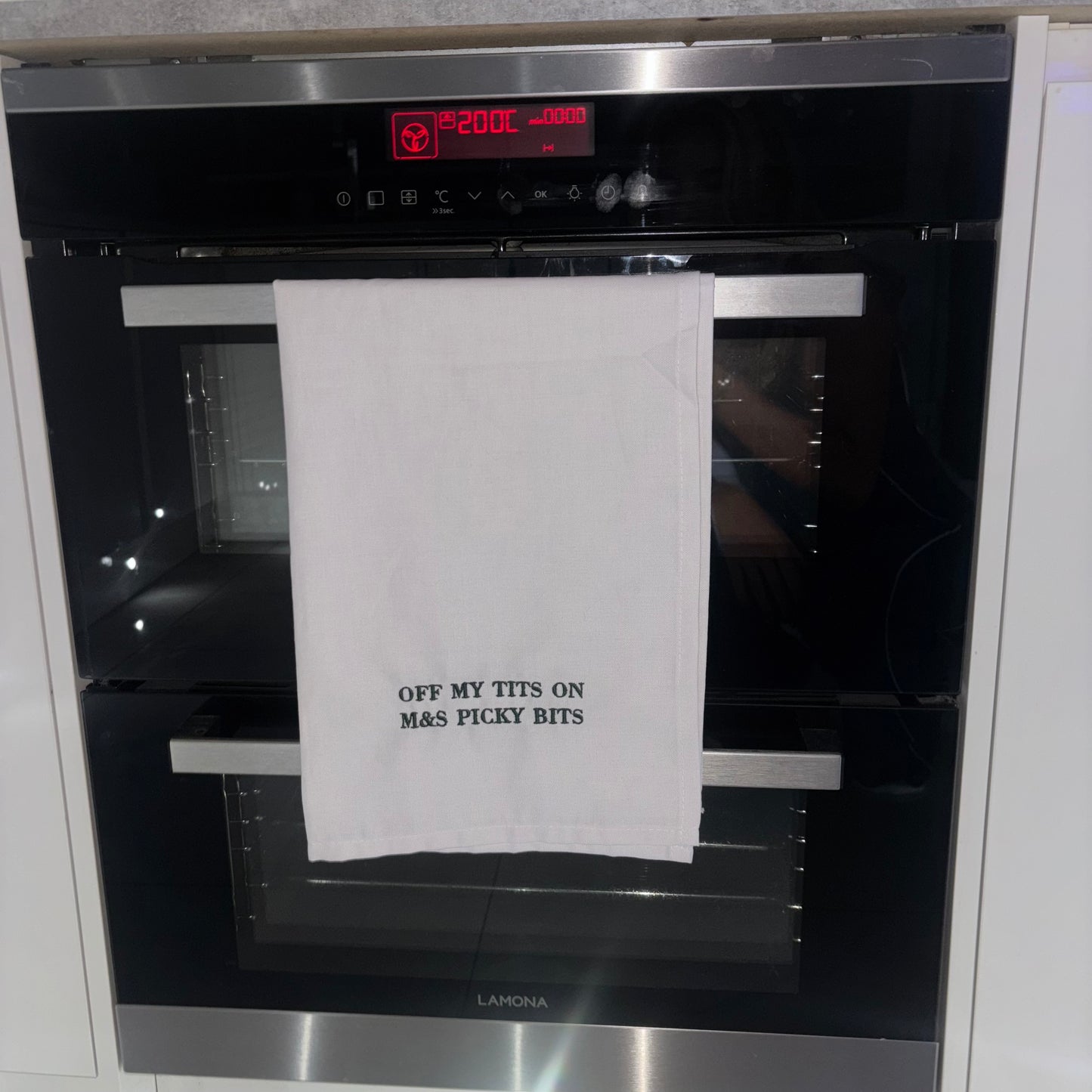 Kitchen / tea towel. Viral off my tits on M&S picky bits embroidered slogan.