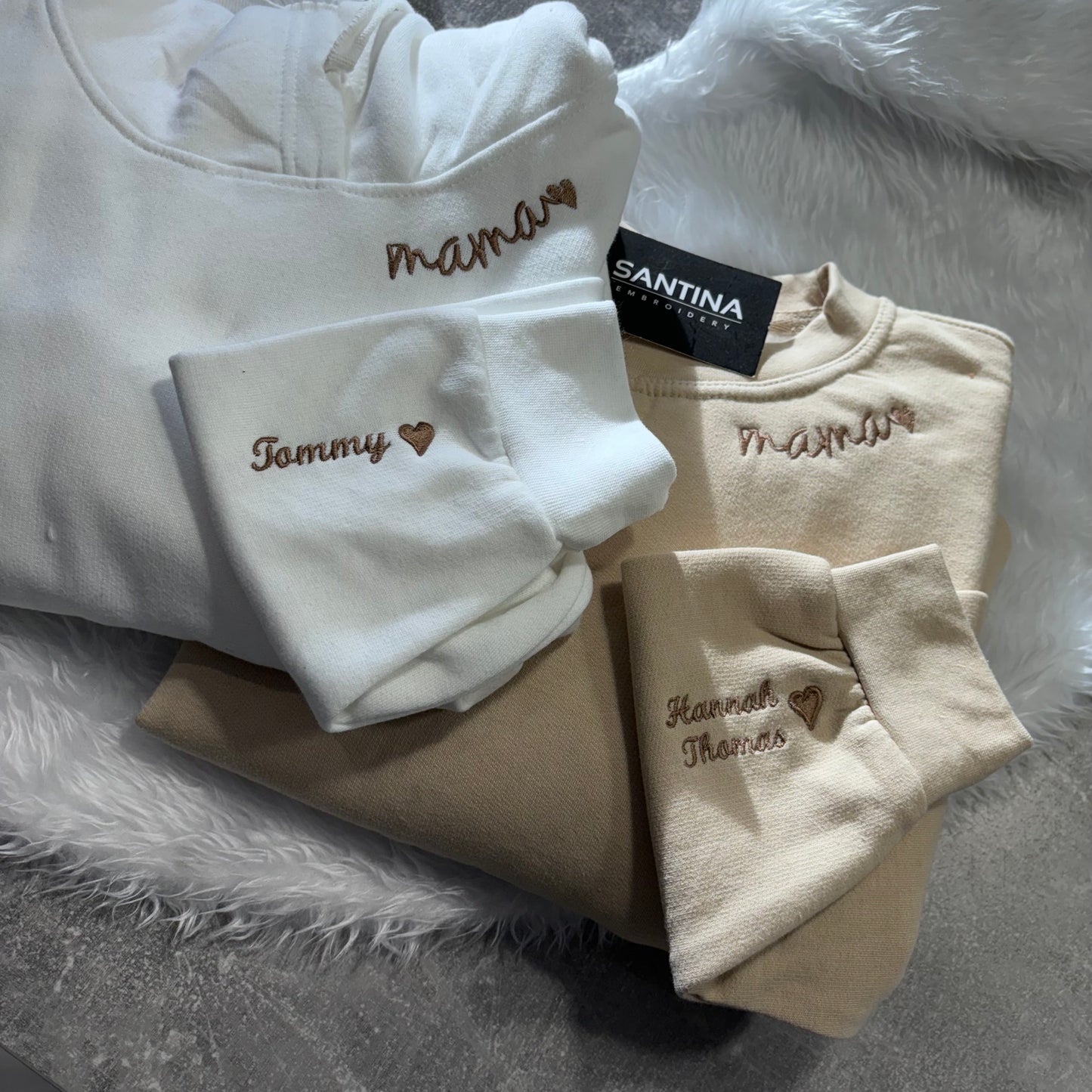 mama neckline embroidered sweatshirt or hoodie, childrens name on sleeve