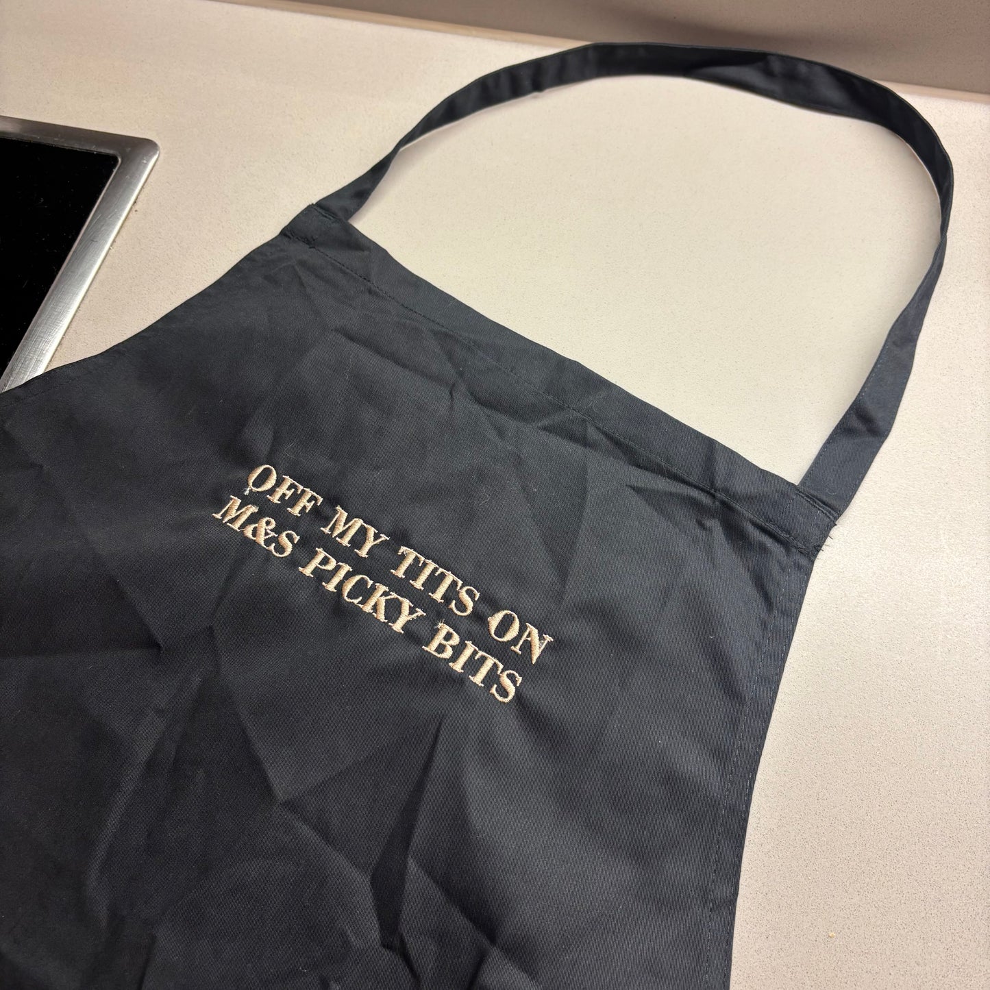 Off my tits on M&S picky bits unisex kitchen apron 🧑‍🍳