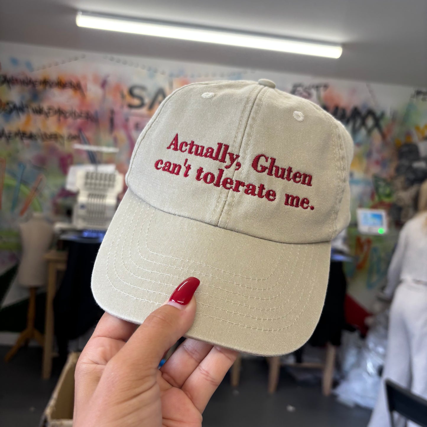 Actually, gluten can’t tolerate me embroidered cap