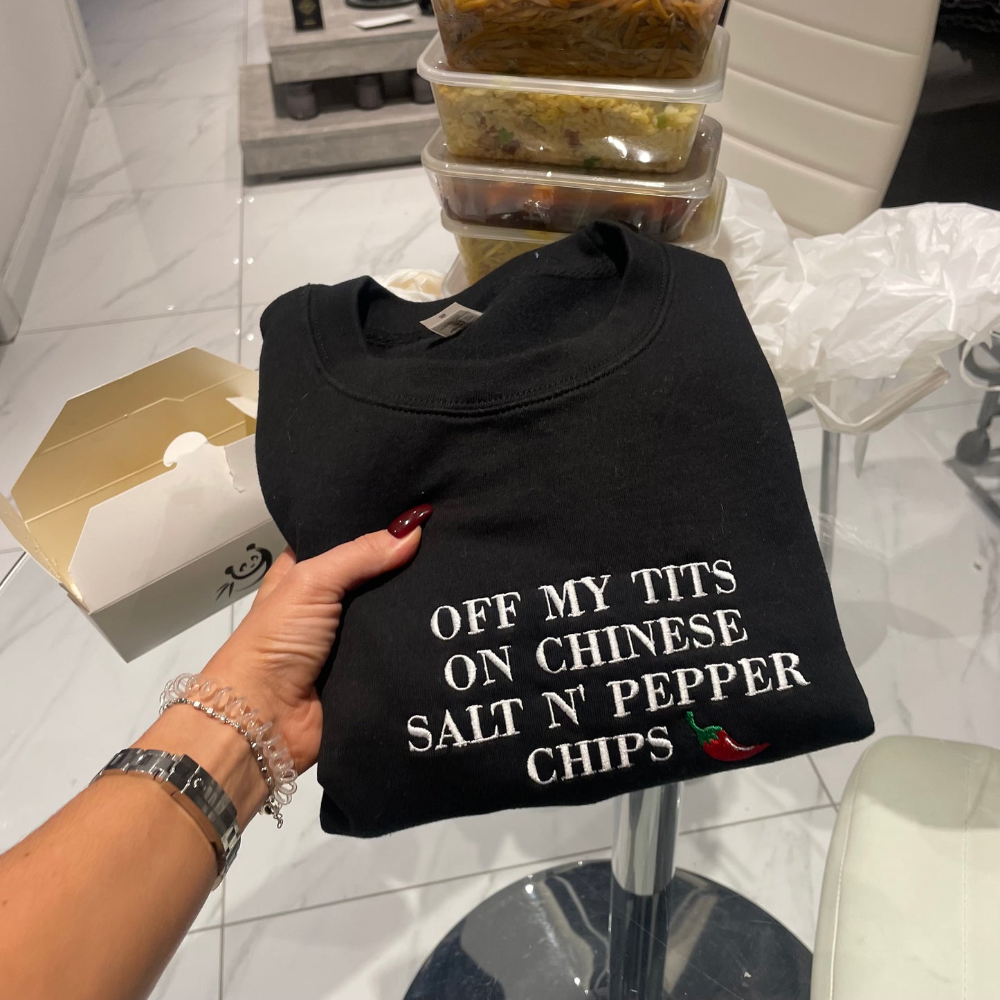Off my t*ts on Chinese salt n pepper chips, embroidered Chinese take away sweatshirt/hoodie