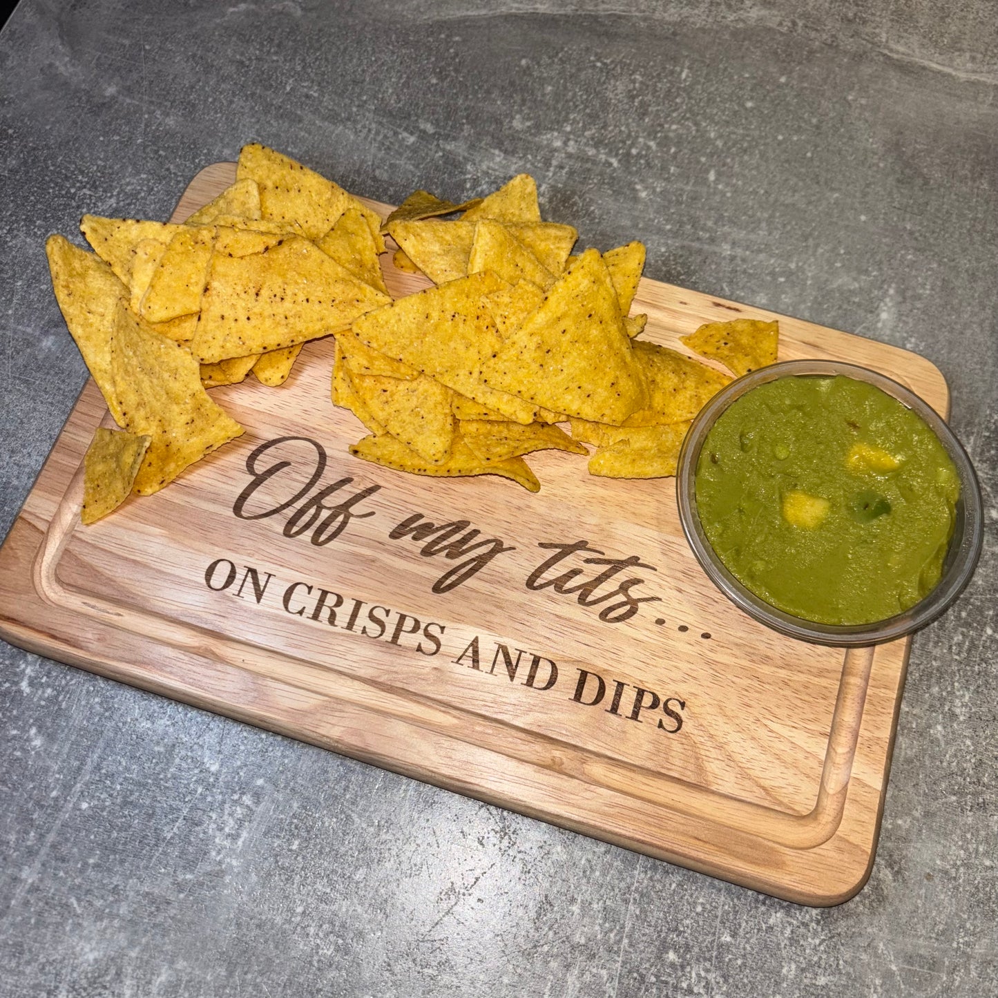 Off my tits on crisps & dips engraved chopping / serving board