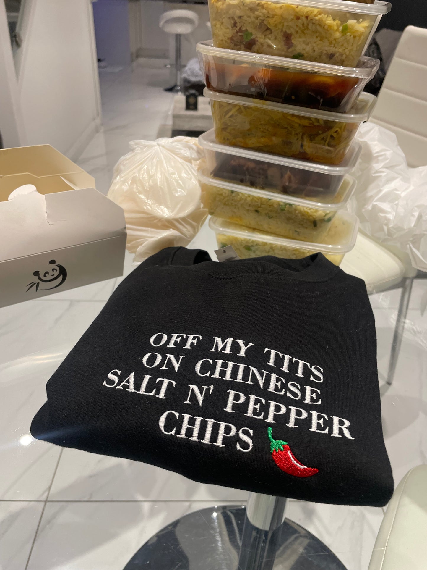 Off my t*ts on Chinese salt n pepper chips, embroidered Chinese take away sweatshirt/hoodie
