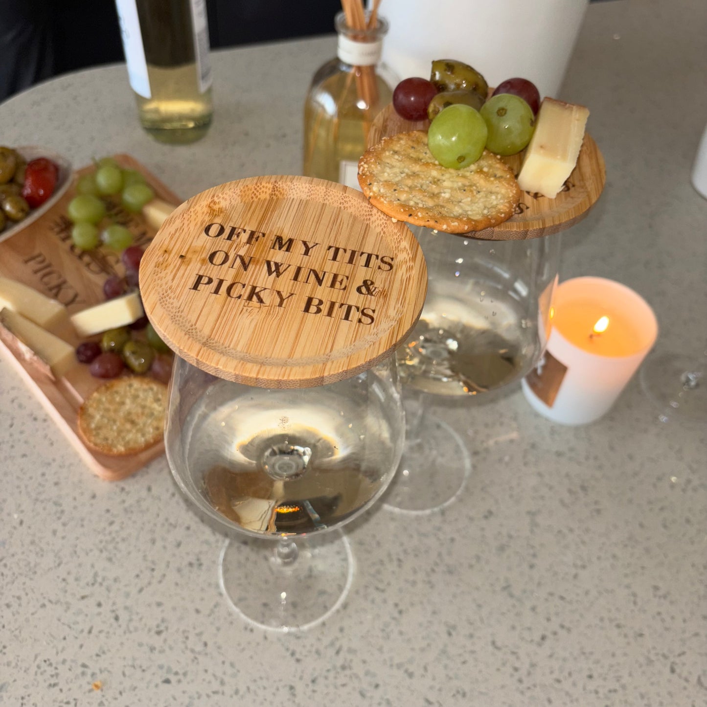 Engraved charcuterie wine glass toppers. Picky bits boards for wine / cocktail glass 🍷