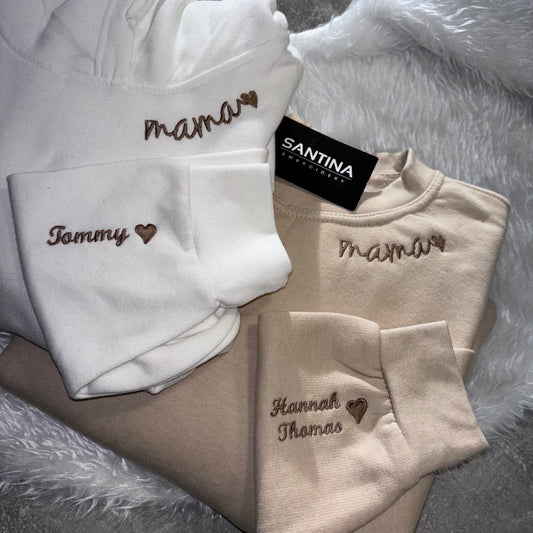 mama neckline embroidered sweatshirt or hoodie, childrens name on sleeve