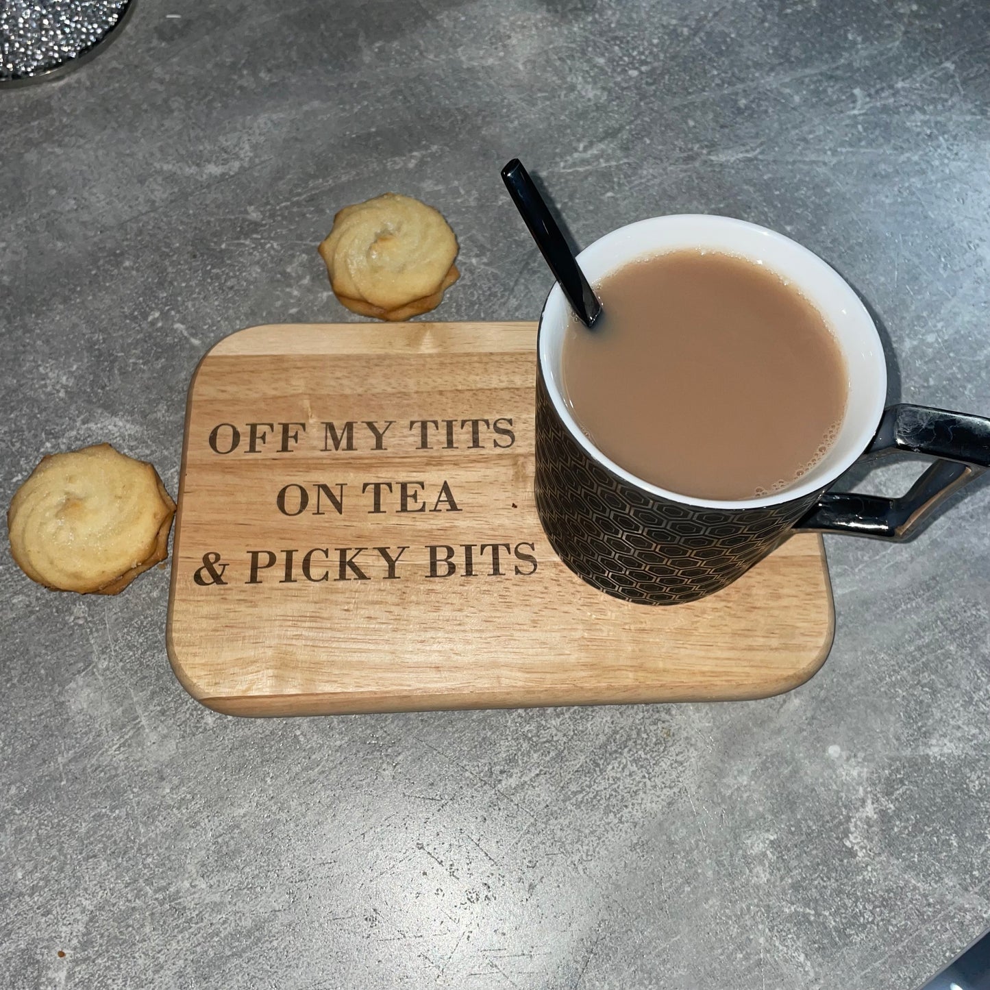 Off my tits on tea & picky bits wooden serving board ☕️