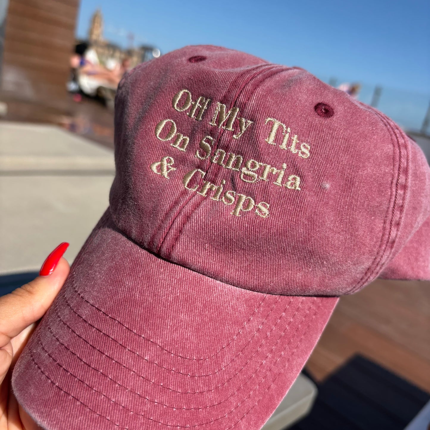 Off my tits on SANGRIA &  CRISPS custom embroidered slogan cap