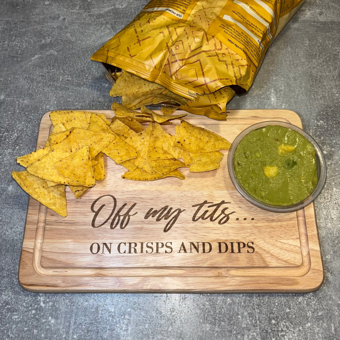 Off my tits on crisps & dips engraved chopping / serving board