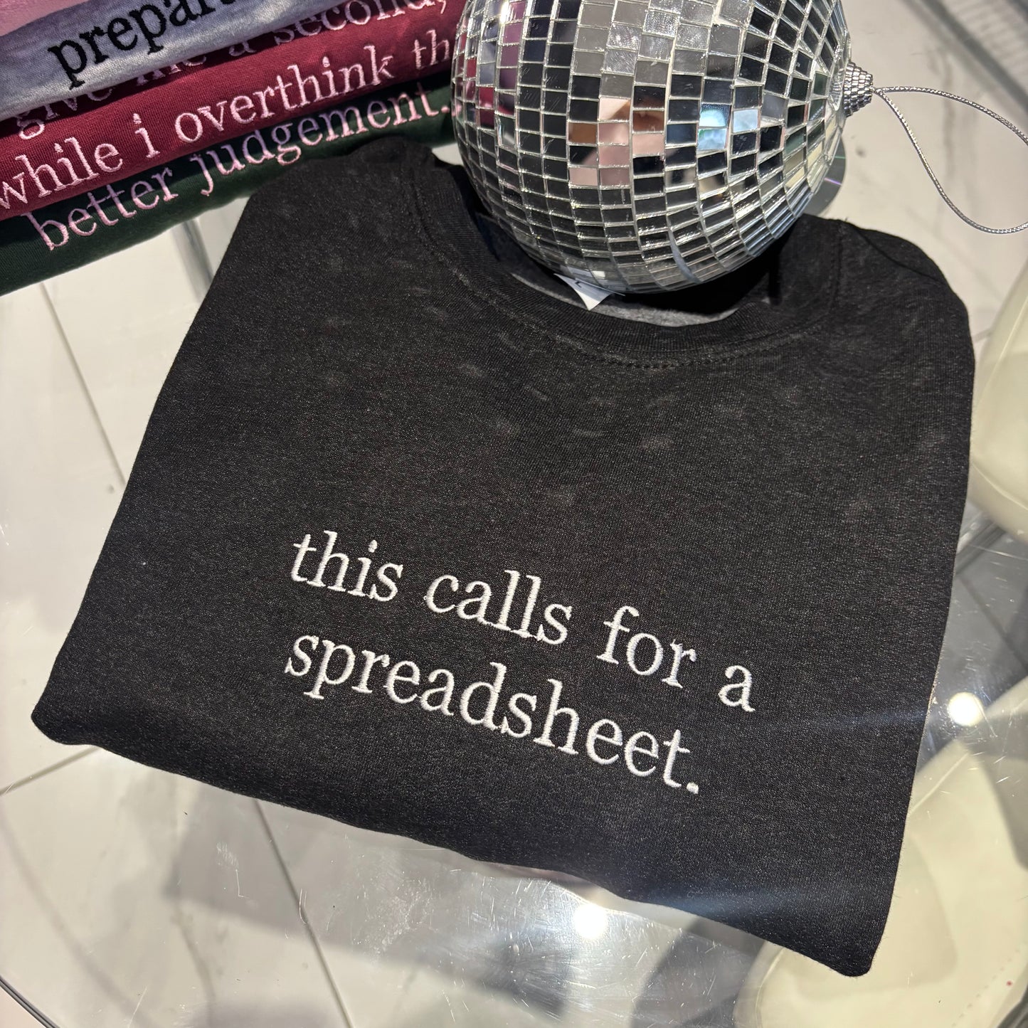 This call for a spreadsheet, embroidered tee / sweater / hoodie.