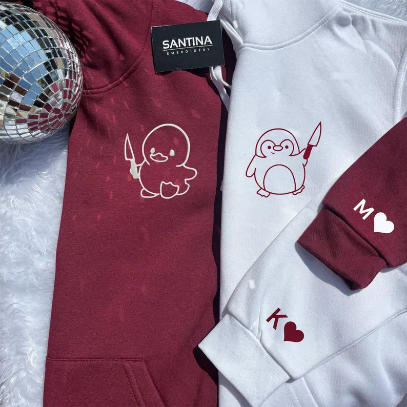 Personalised penguin / duck hoodies for couples & friends