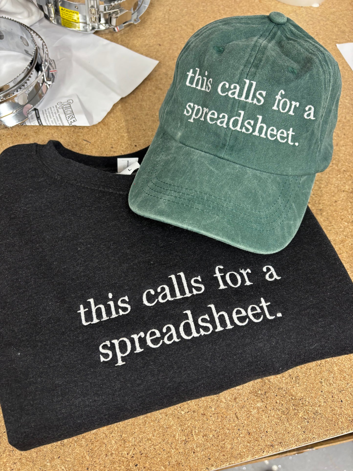 This call for a spreadsheet, embroidered tee / sweater / hoodie.