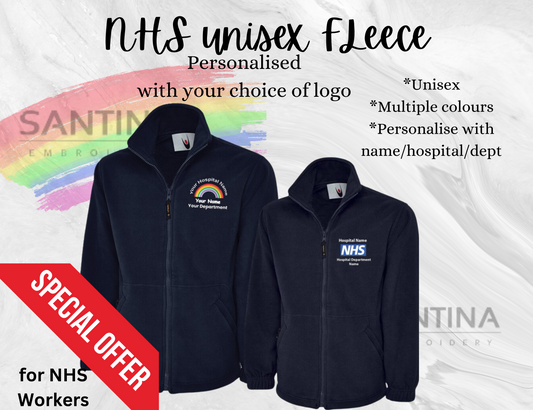 NHS custom UNISEX full zip FLEECE jacket, customised with your name hospital name and department
