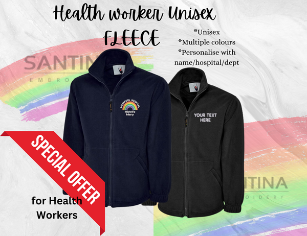 Healthworker custom UNISEX full zip FLEECE jacket, customised with
