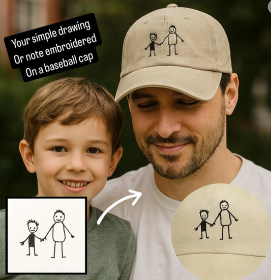 embroidered cap with unique handwritten note or simple drawing