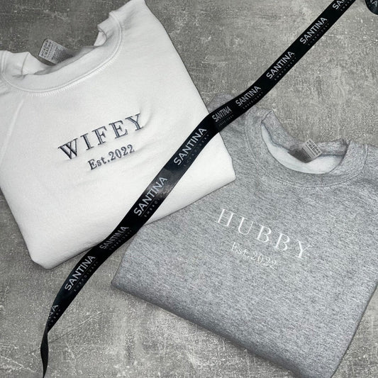 Simplified Wifey Hubby Sweatshirts with Block Text and Date